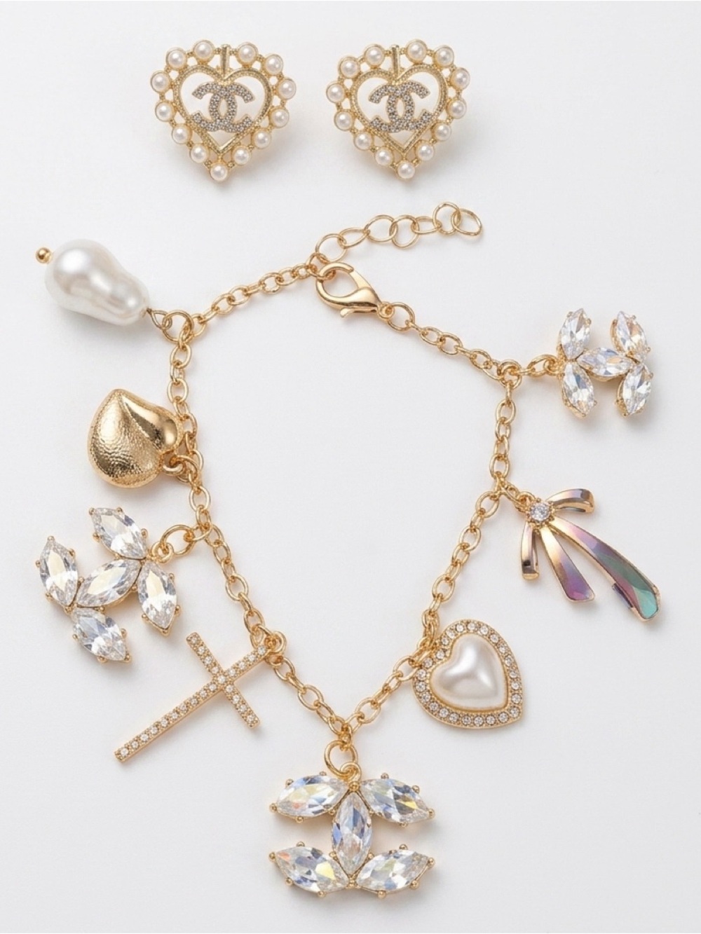 Gold-Tone Pearl & Crystal Charm Bracelet — Gold with Pearl Accents
